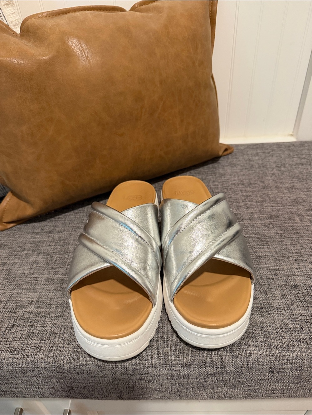 UGG Metallic Silver Crisscross Slide Mules